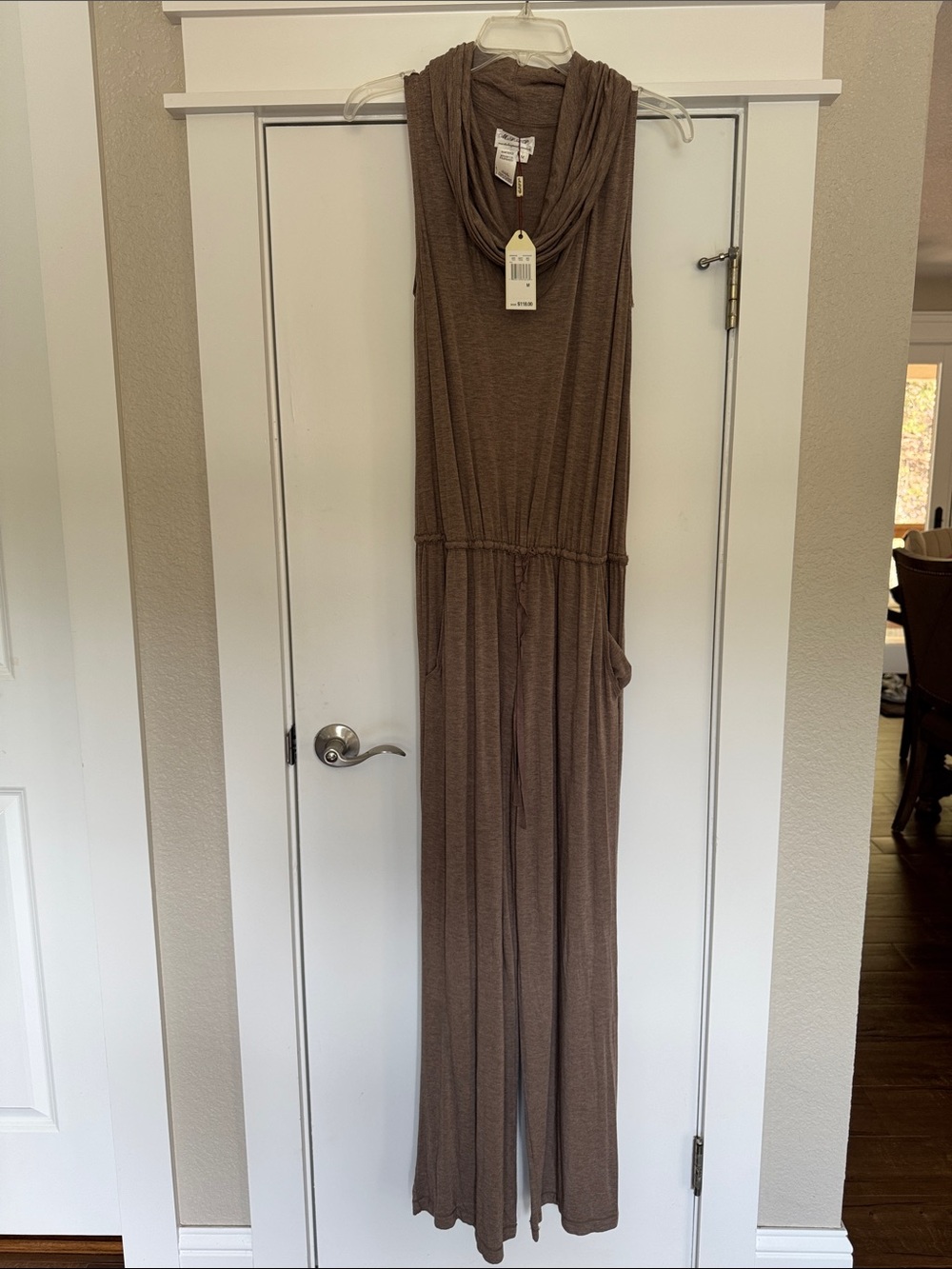 Sleeveless Cowl-Neck Wide-Leg Jumpsuit in Taupe